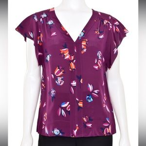 REBECCA TAYLOR Bellflower Double V-neck Flutter Sleeve Silk Blouse Deep Plum 12